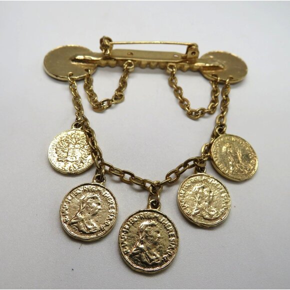 Vintage Imitation Coin Brooch 3" Gold Tone Pin Draped Chain Dangle Faux Change - Picture 6 of 12